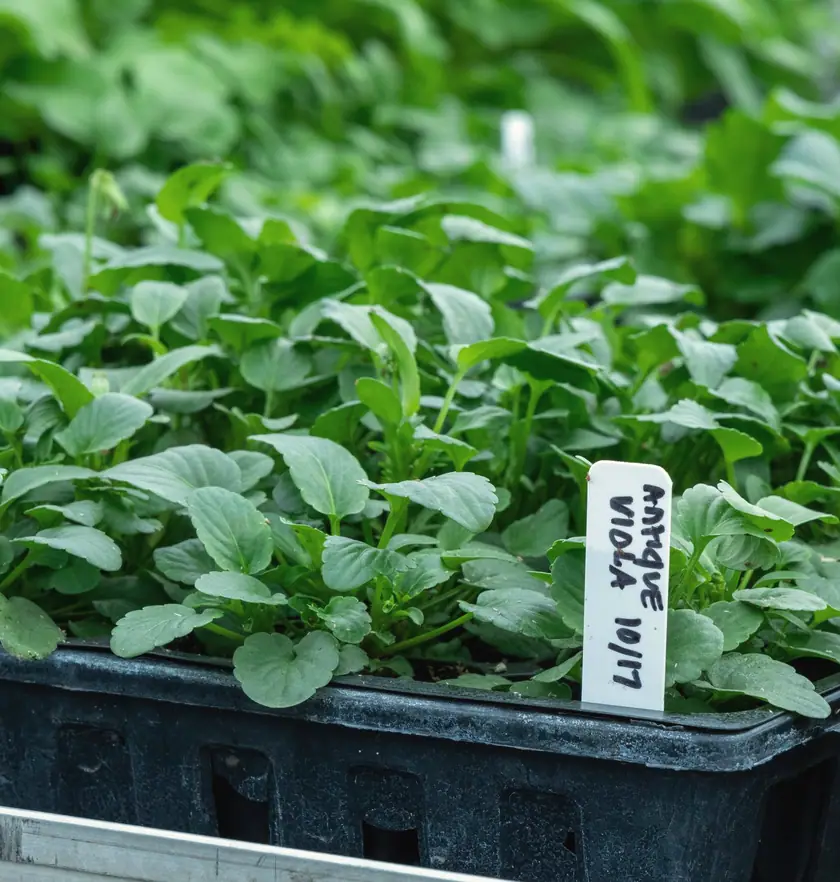 A nursery flat of young seedlings ready for planting.